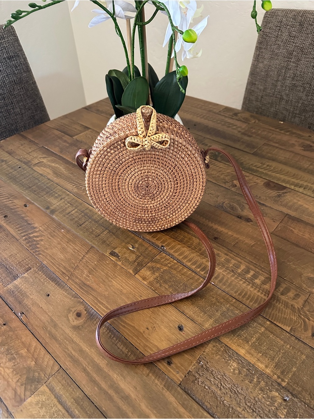 Round Rattan Crossbody Bag - Brown